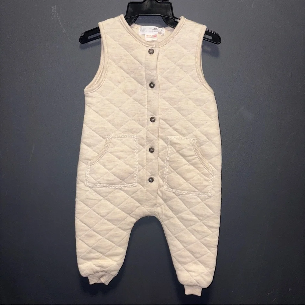 Zara Baby 3-6m Quilted Overalls Cream Gender Neutral Footless Button Up Cozy